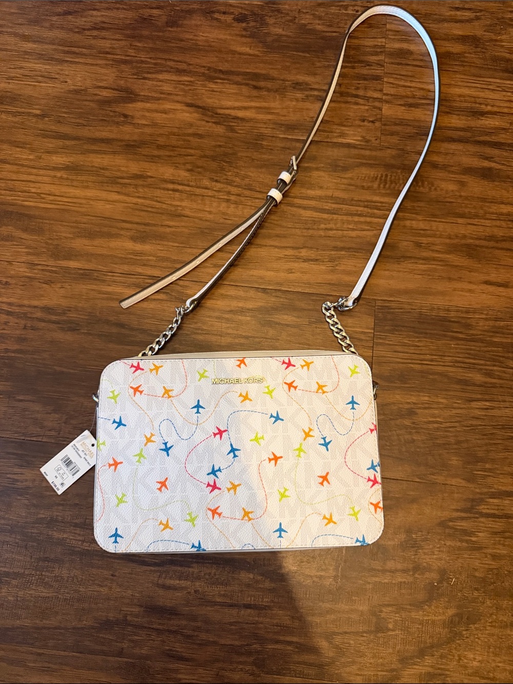 Michael Kors White Crossbody with Multicolor Airplane